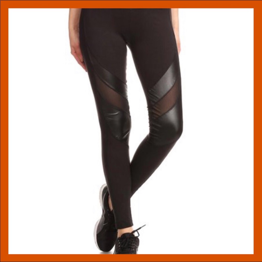 Leggings with Mesh Faux Leather Strip - Picture 2 of 7